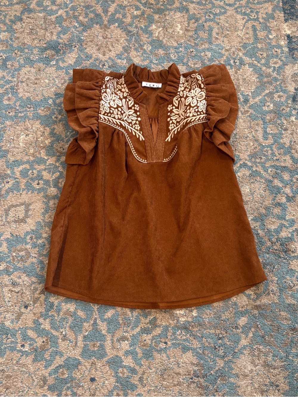 NWOT THML Anthropologie Flutter Sleeve Brown Corduroy Embroidered WesternTop Sm - Picture 3 of 5